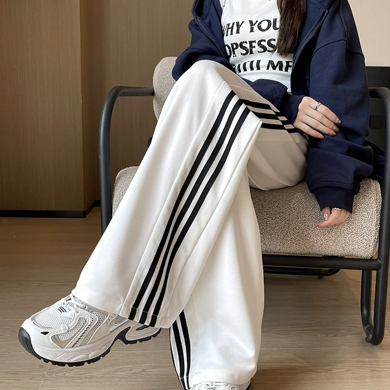 特拉思顿垂感美式三道杠女春秋季两穿直筒裤子休闲小个子长裤抽绳