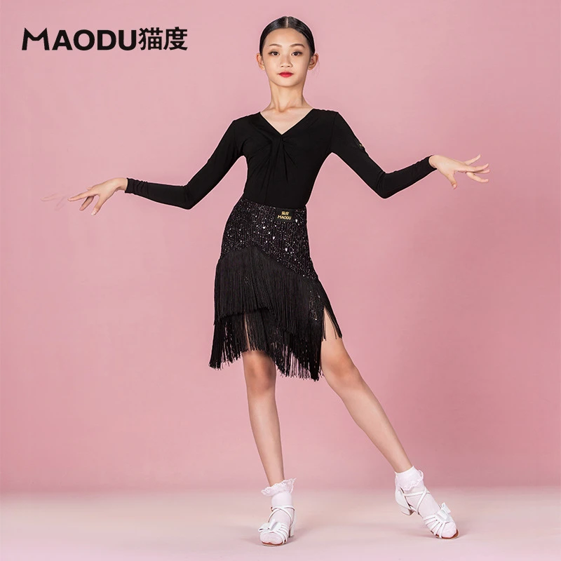 猫度 儿童舞蹈服连体衣女秋冬演出服拉丁舞服女童上衣长袖练功服