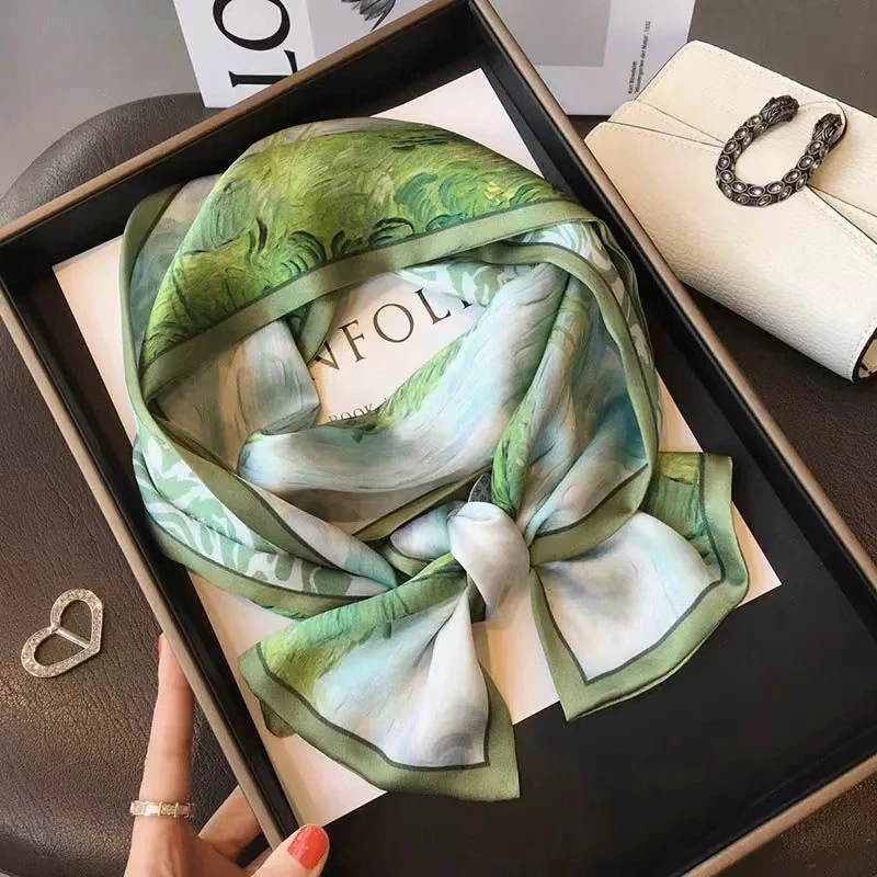 100%桑蚕丝【油画麦田】145x16长飘带双层真丝丝巾时尚女士气质G503