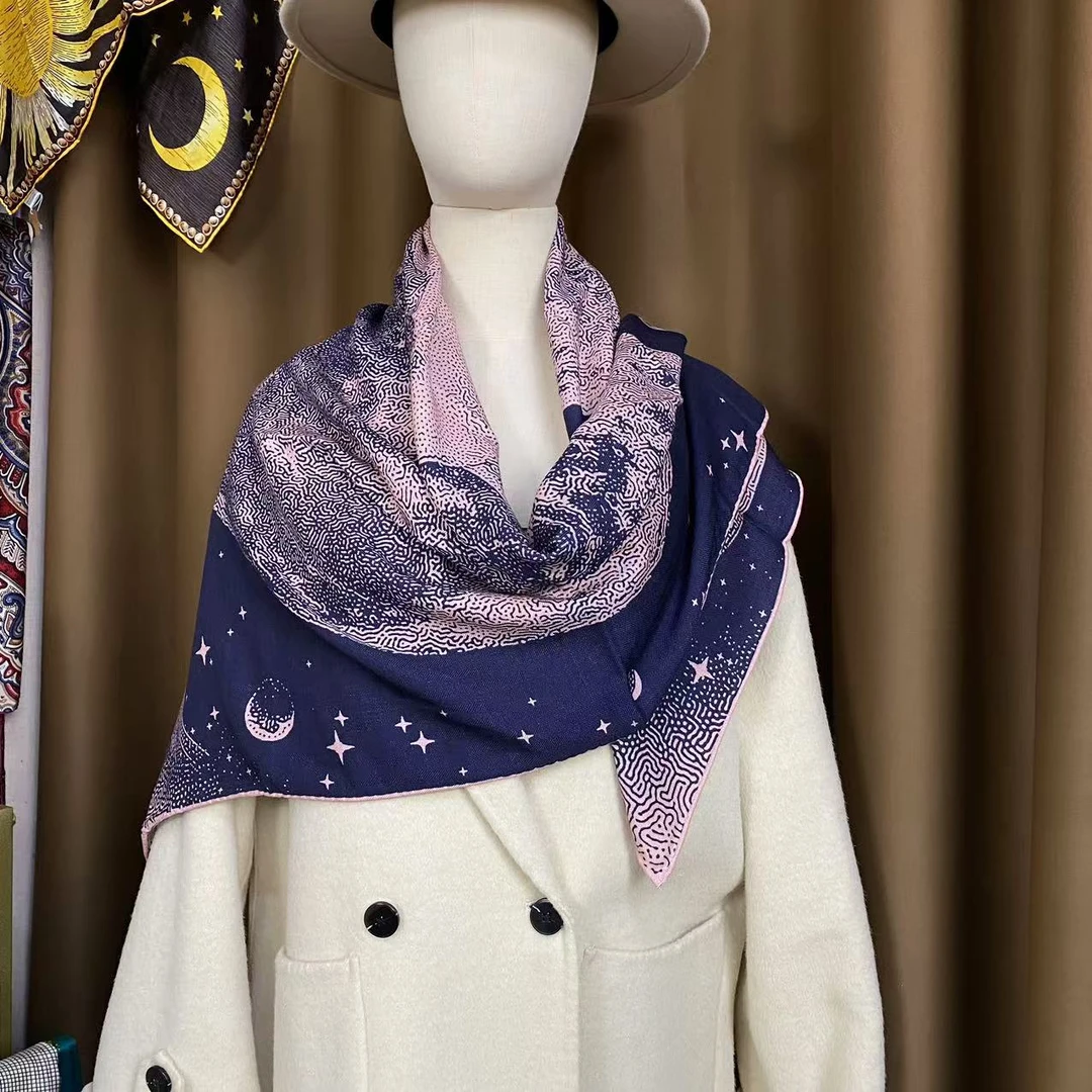 桑蚕丝羊毛【月光飞马】105丝毛方巾双面印花时尚百搭丝巾M667