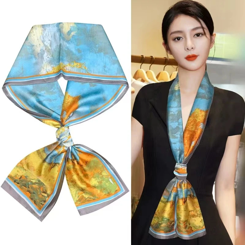 100%桑蚕丝【白桦林】145x16长飘带双层真丝丝巾时尚百搭女士G516