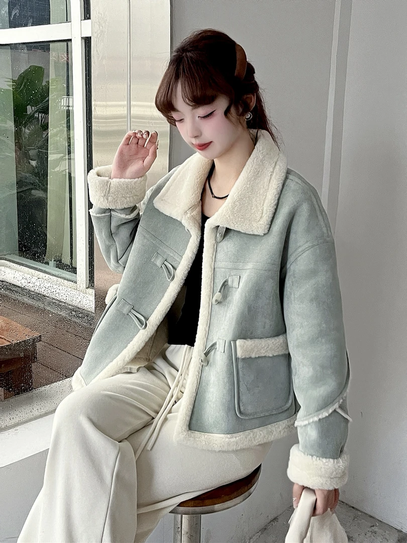 超好看粉色外套女短款冬季2024新款韩版小个子皮毛一体保暖