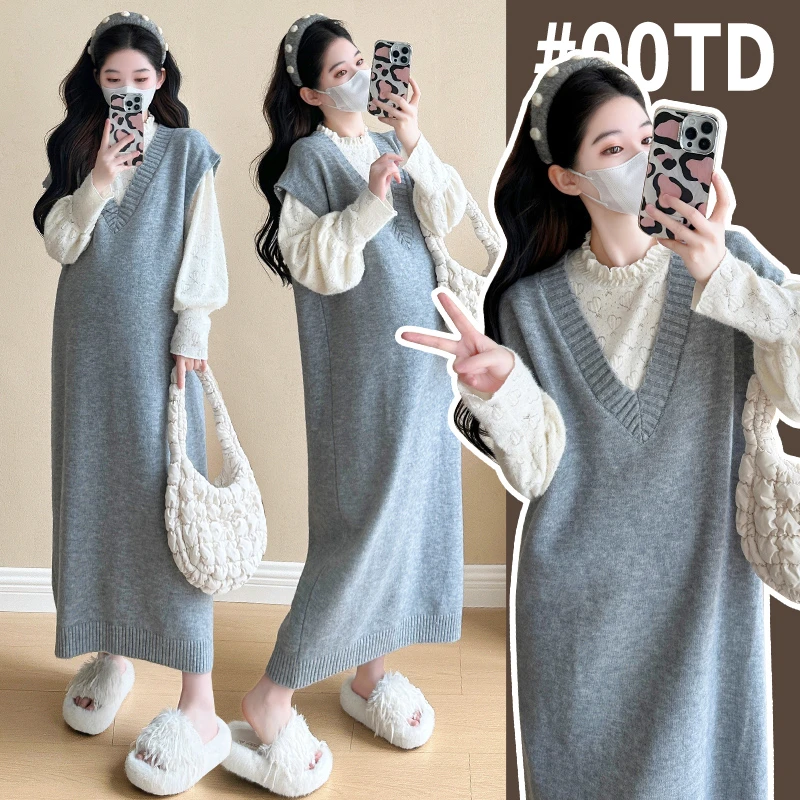 孕妇连衣裙韩版时尚减龄加绒蕾丝上衣+毛衣背心裙孕妇套装长款