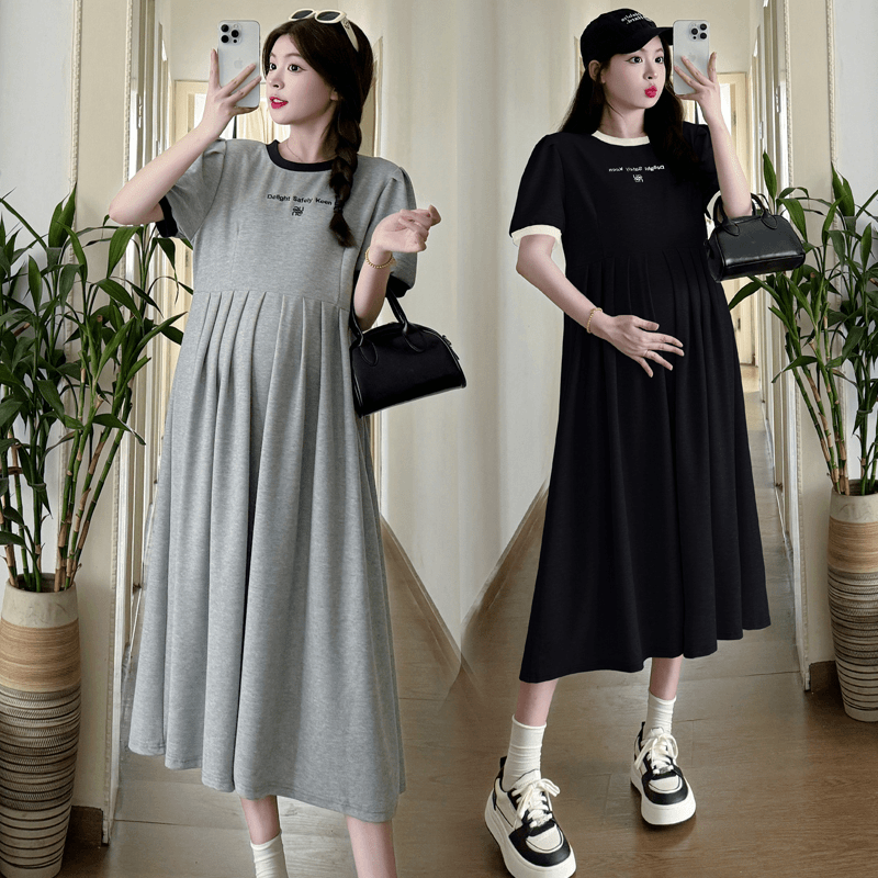 孕妇装夏装短袖上衣夏季t恤裙子高级感时尚刺绣褶皱宽松连衣裙棉