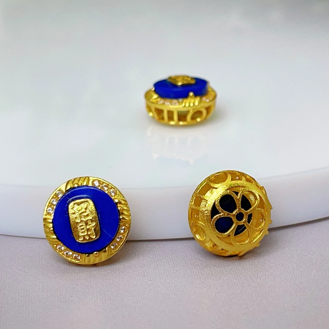 【萌宝饰品】B313天然青金石金色圆形招财镶嵌蛋面手串DIY6.4*10mm