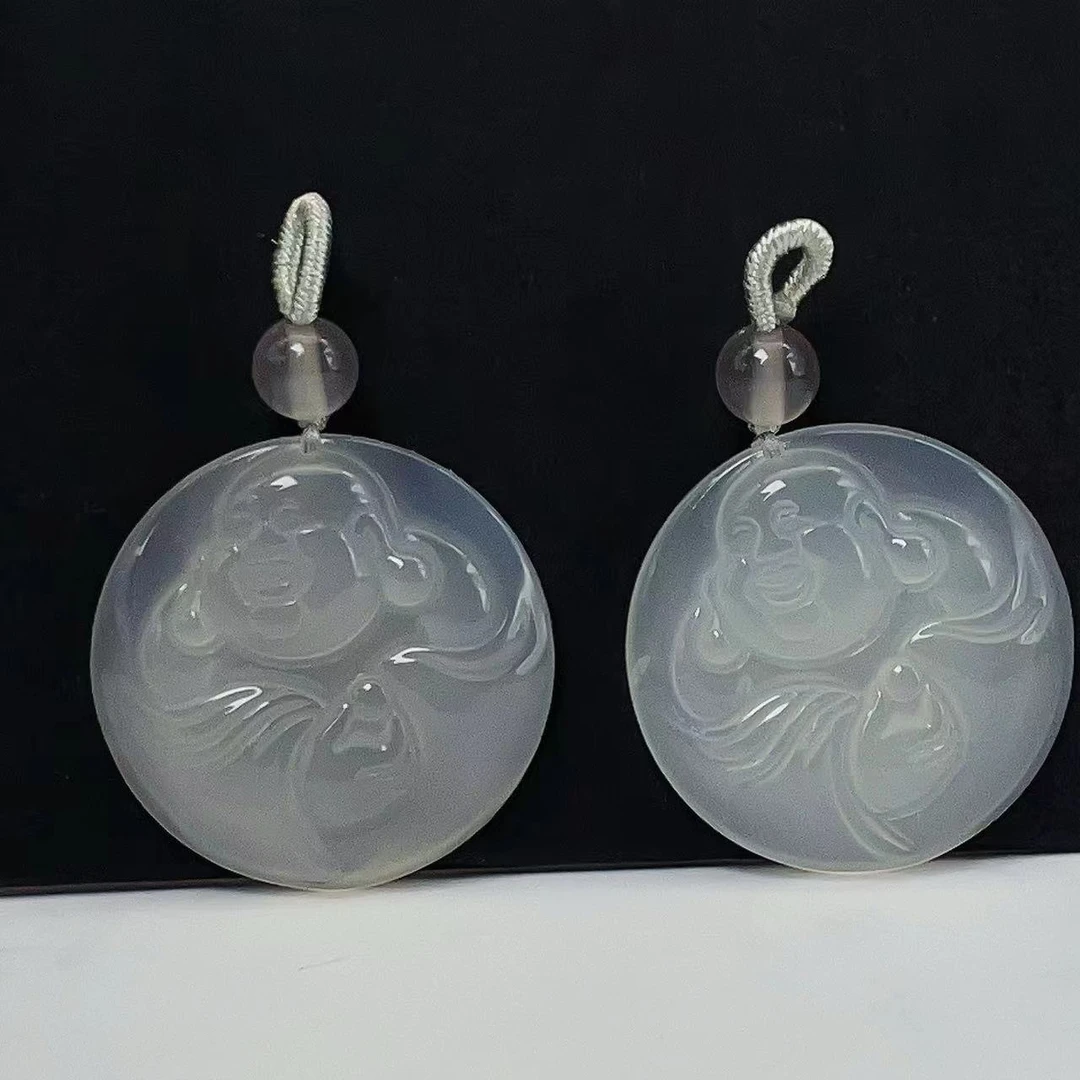 【萌宝饰品】天然高冰玉髓雕刻弥勒佛吊坠DIY 手串圆牌配件6.3*27mm