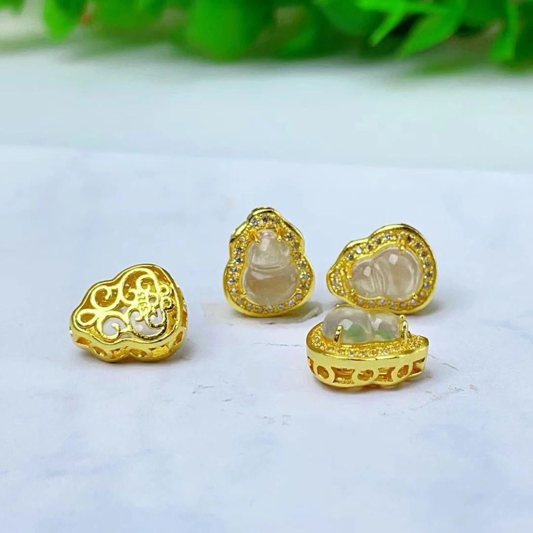 【萌宝饰品】B674天然水墨体冰种葫芦镶钻通孔百搭DIY 约11*9.6mm