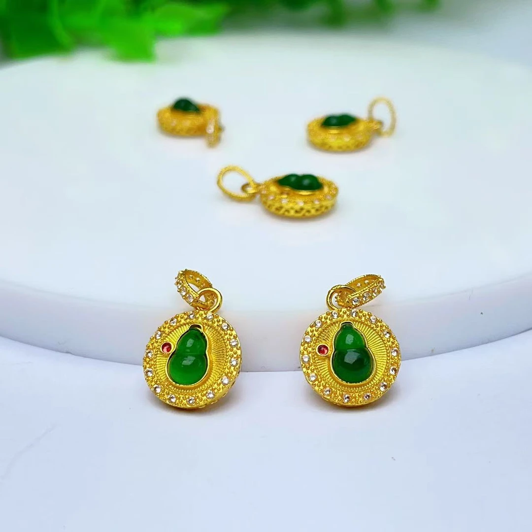 【萌宝饰品】B743天然满绿翡翠葫芦镶嵌吊坠蛋面古法DIY滴流10*13mm