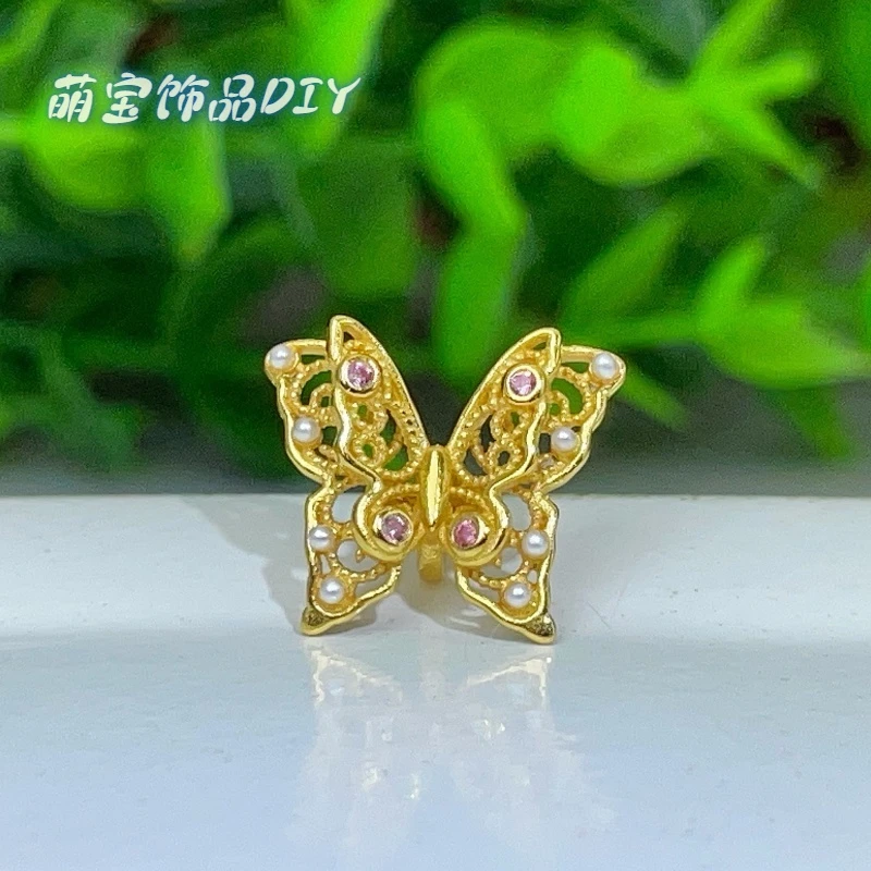 925银银制品  【萌宝饰品】B384金色蝴蝶隔环镶嵌珍朱通孔DIY配件