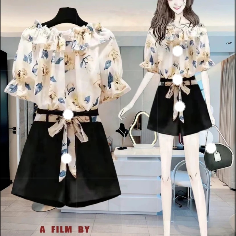 大码女装遮肚子短袖雪纺衫短裤套装夏季微胖一字肩穿搭洋气两件套