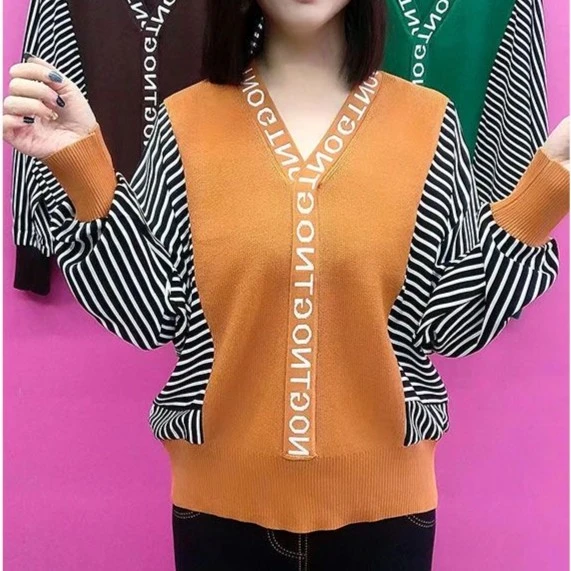 条纹拼接蝙蝠衫2023春秋新款宽松遮肚套头小衫V领针织长袖上衣女