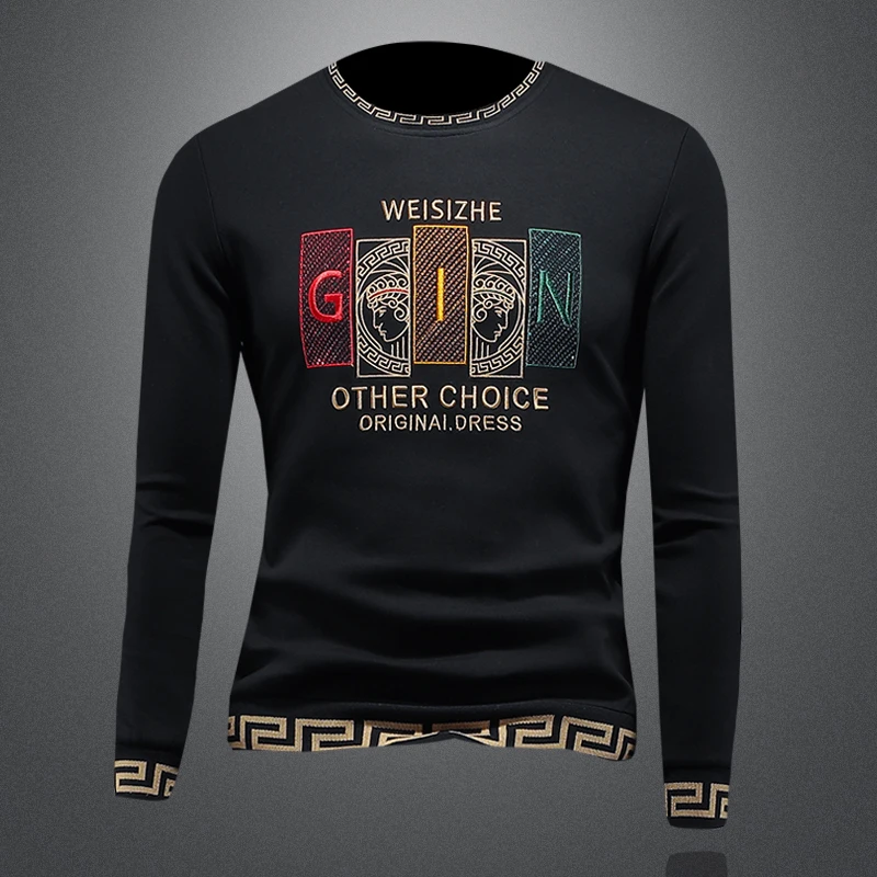 欧洲站潮牌休闲男士长袖斐勒棉休闲卫衣秋冬季新款修身刺绣打底衫