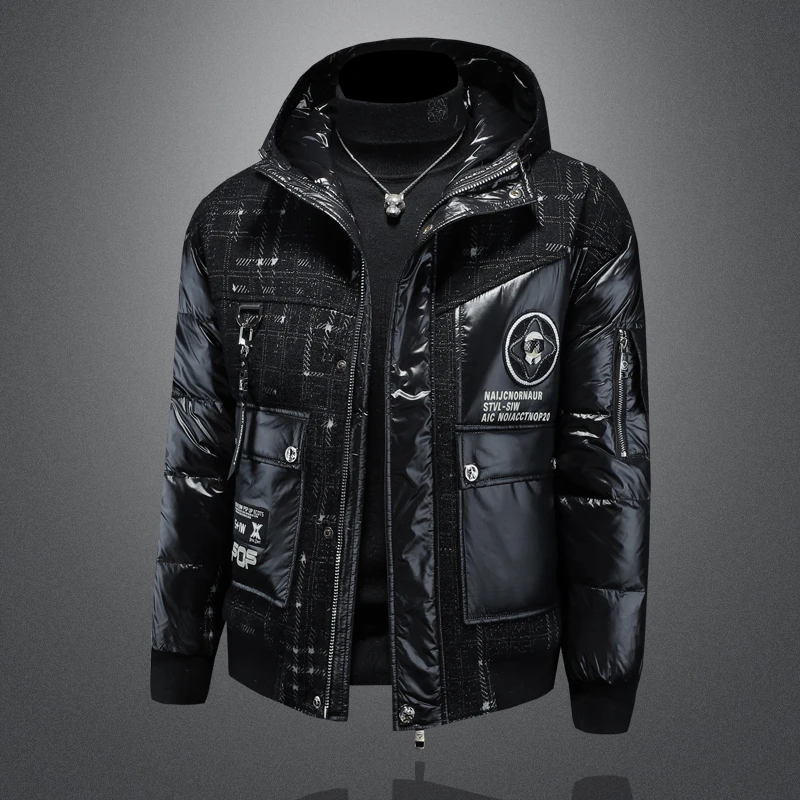 欧货连帽羽绒服男装2024冬季新款潮牌徽章保暖防寒服男士90绒外套