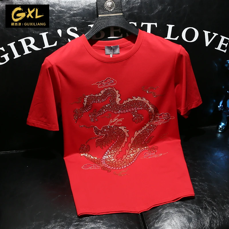 轻奢中国龙年烫钻时尚休闲男士短袖t恤圆领修身丝光棉红色半袖男