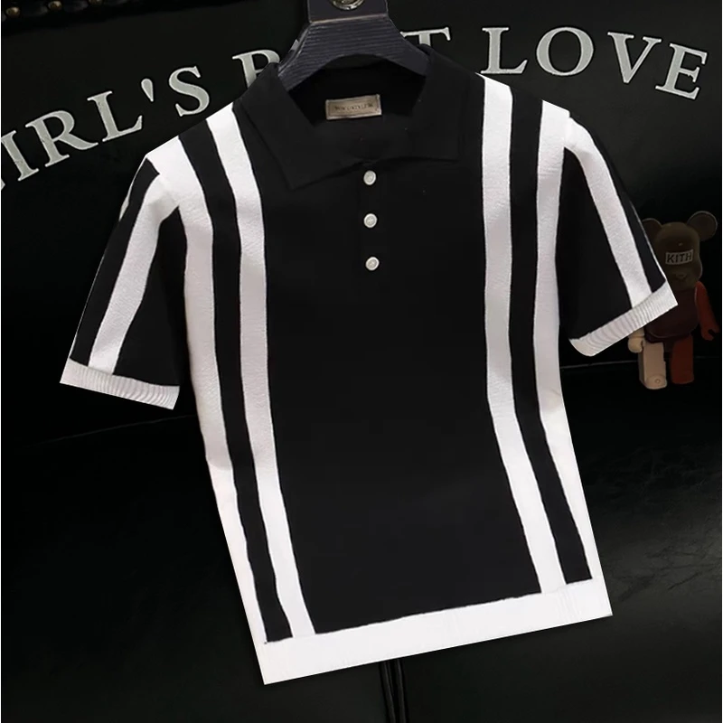 高端男士条纹冰丝短袖polo衫夏季修身T恤透气男针织半袖潮流翻领