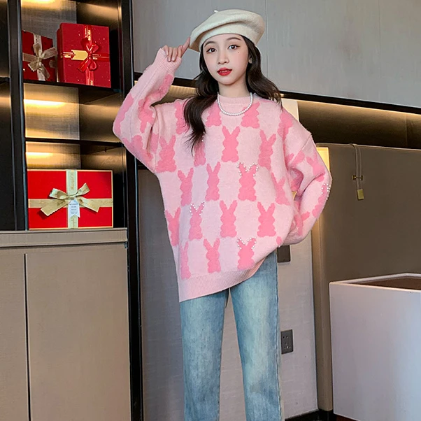 女童毛衣加厚秋冬款时尚洋气2024新款儿童装潮牌服装女孩长袖上衣