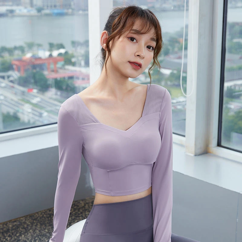 健身上衣女长袖显瘦修身运动服紧身跑步瑜伽服网红带胸垫速干衣