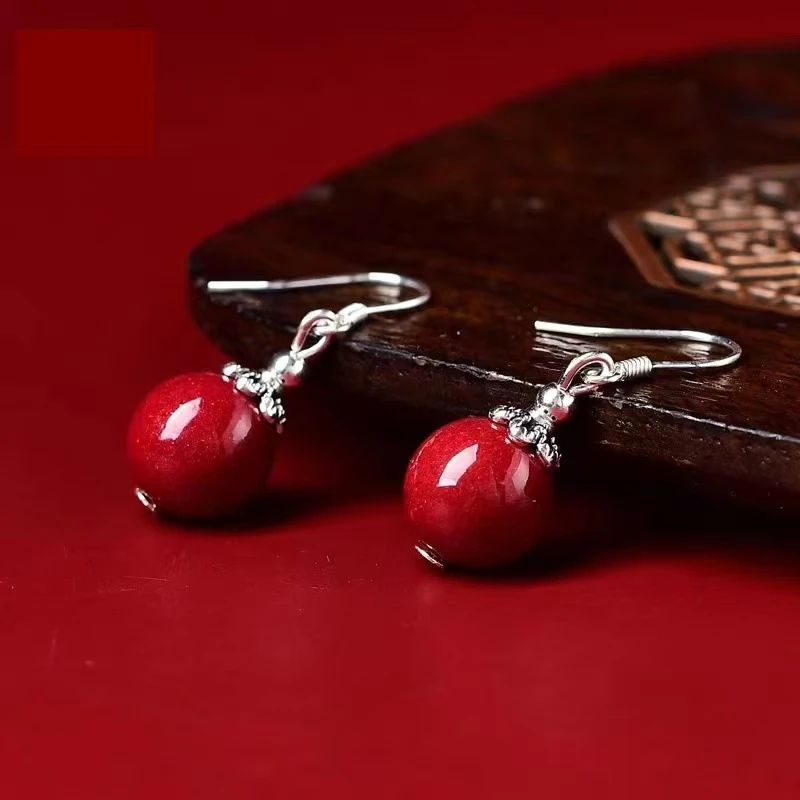 含辰砂工艺品S925银钩高含量朱砂10mm光珠耳坠