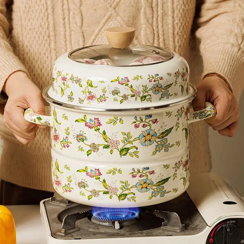 24cm搪瓷珐琅蒸锅双层加厚锅底复古芳香花新款家用高颜值ZG24