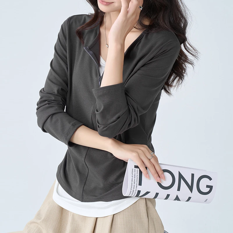 秋季假两件2024新款打底衫女显瘦长袖t恤上衣时尚休闲百搭小众款