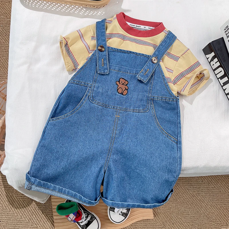 男童牛仔背带裤短袖套装小童夏款背带裤短袖套装男宝条纹T恤套装