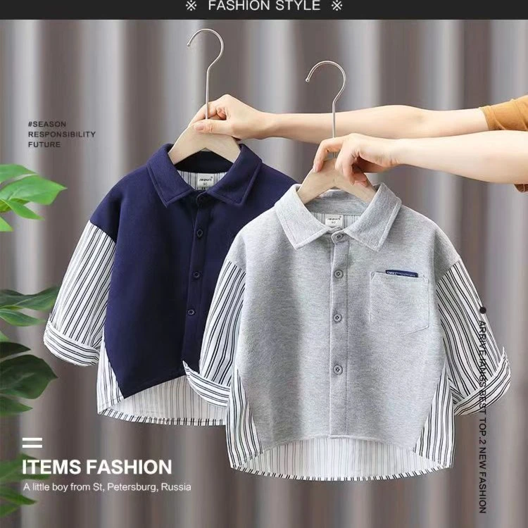 男童衬衫秋款儿童秋装假两件长袖宝宝休闲条纹衬衣男孩潮装衬衫