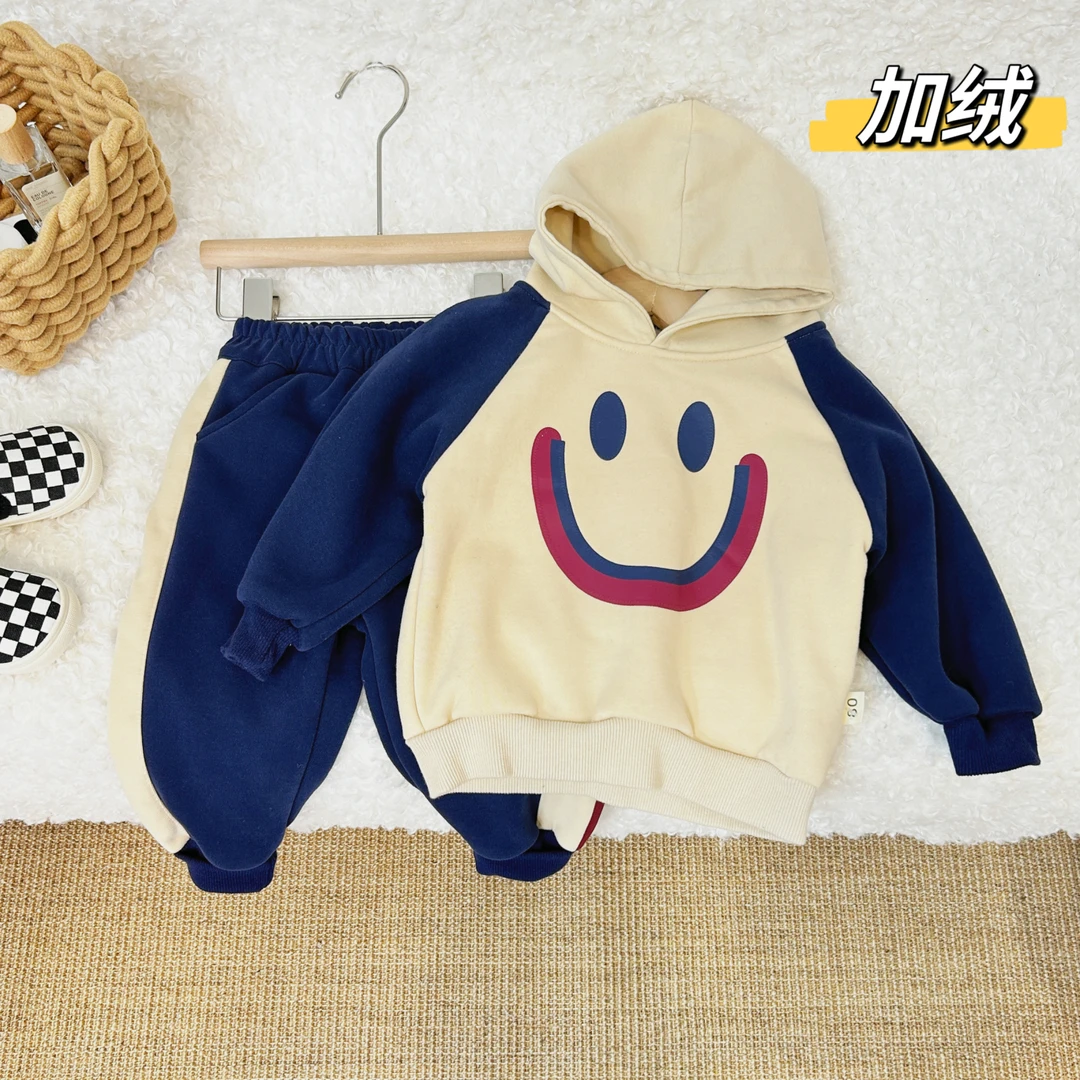 加绒~特价~男童加绒连帽卫衣套装男宝宝笑脸卫衣加绒套装小童加绒
