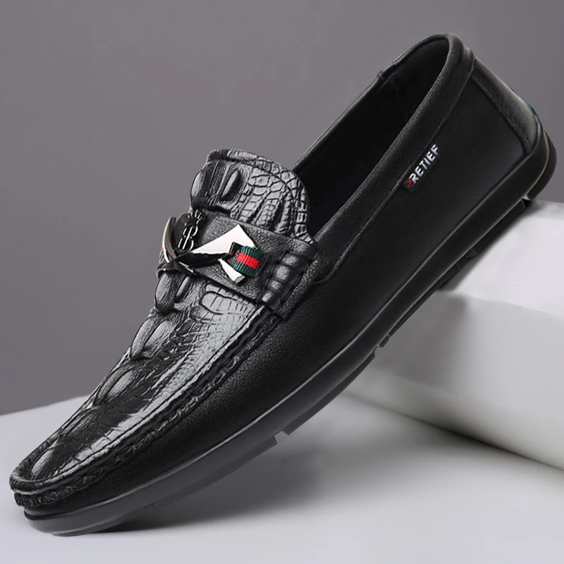 司蒂罗尼【头层牛皮】四季潮流时尚轻奢鳄鱼黑色豆豆鞋休闲牛皮鞋