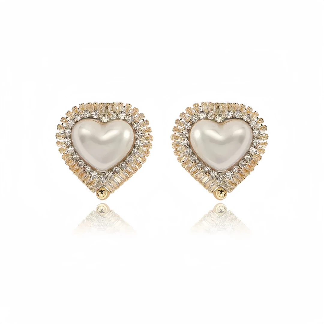 铜合金合成锆石耳饰 YISLON/法式轻奢高级名媛风爱心珍珠耳饰