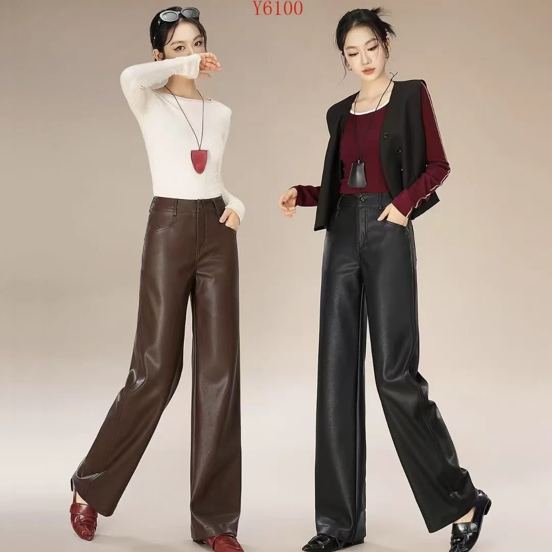 彬彬严选新款女式阔腿蛋白皮秋冬高腰宽松显瘦软糯裤子裤长103cm