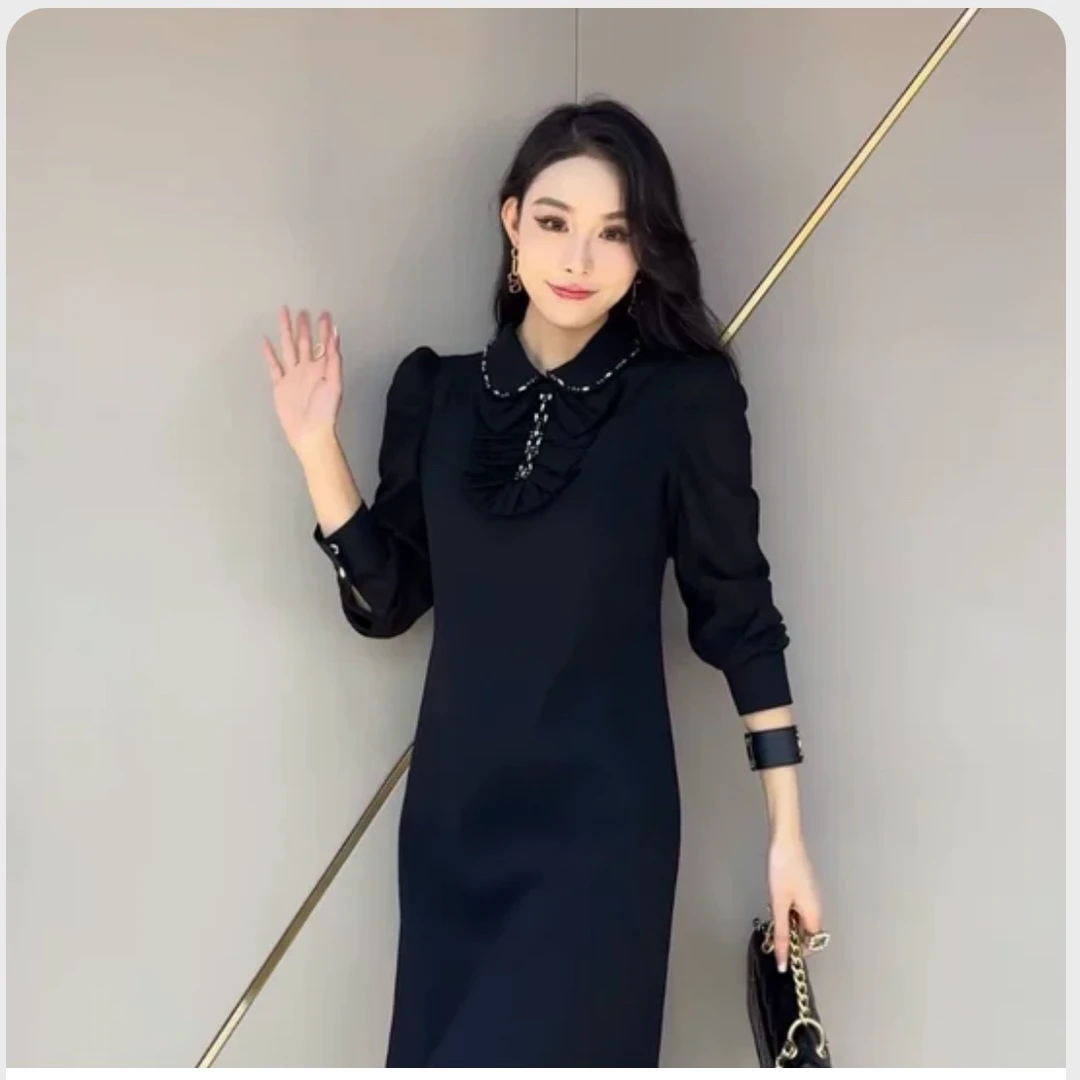 彬彬严选南油设计师款重工气质连衣裙修身收腰中长款翻领轻奢裙