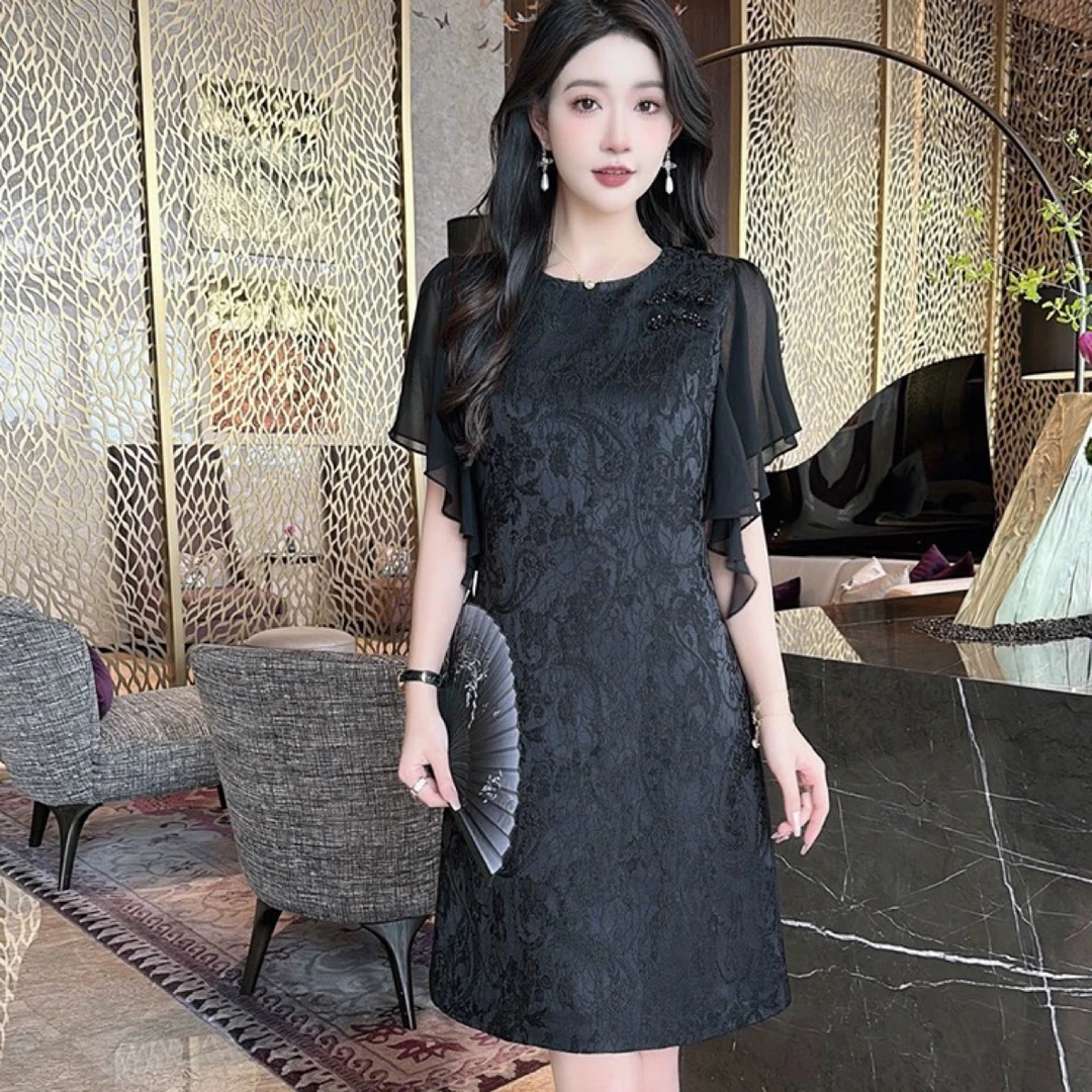 彬彬严选优雅荷叶袖提花国风新款夏季连衣裙南油新中式女装小香风