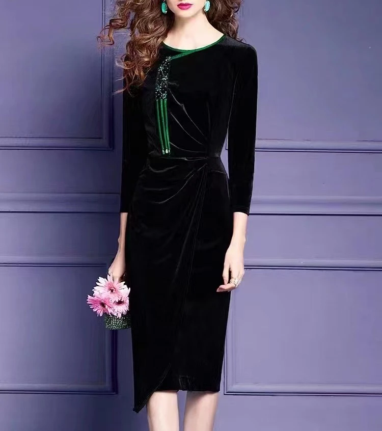 彬彬严选国风丝绒高端修身显瘦宴会新款连衣裙1415