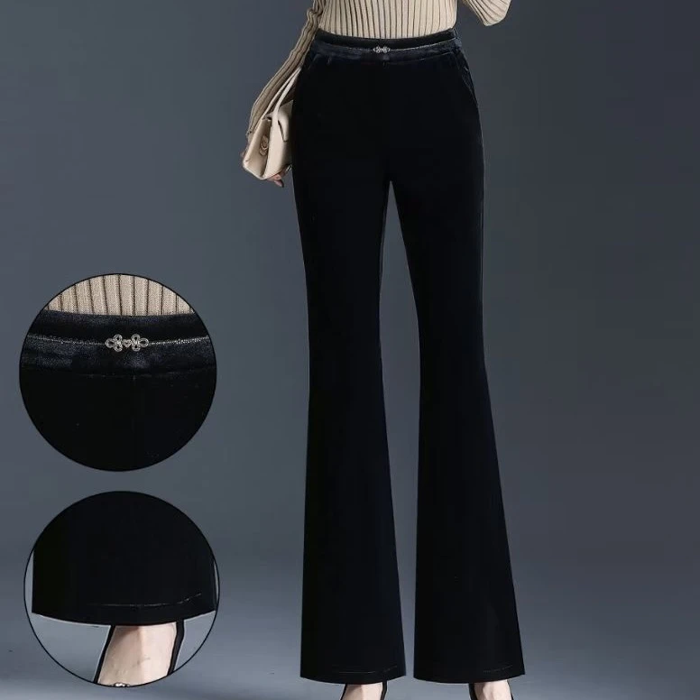 彬彬严选南油轻奢金丝绒显高显瘦微喇女装黑色丝绒后松紧腰长裤