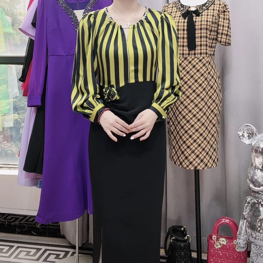 彬彬家气质条纹显瘦时尚轻奢中长款女装连衣裙105cm