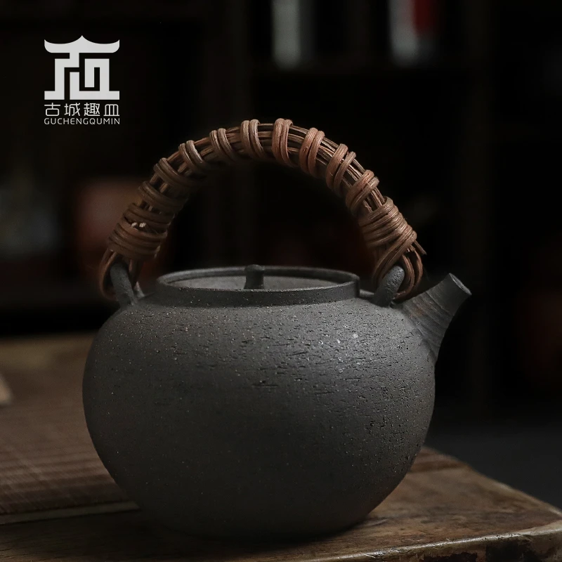 粗黑陶提梁泡烧水煮茶壶禅意工夫茶具家用日式复古小型电陶炉套装