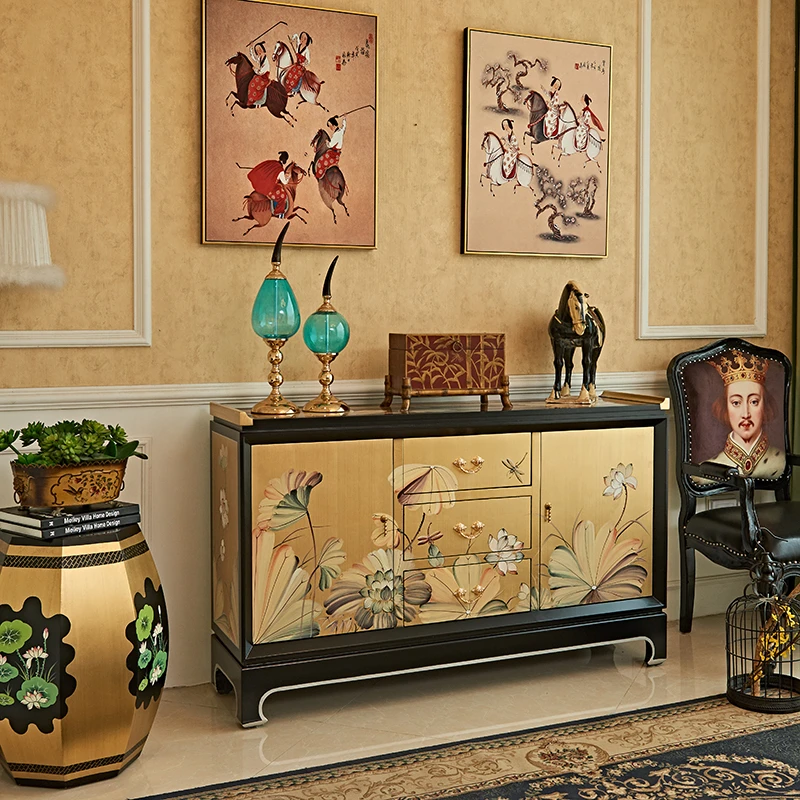 品涵艺术1.5米金箔彩绘荷花新中式美式风格客厅玄关装饰柜餐边柜
