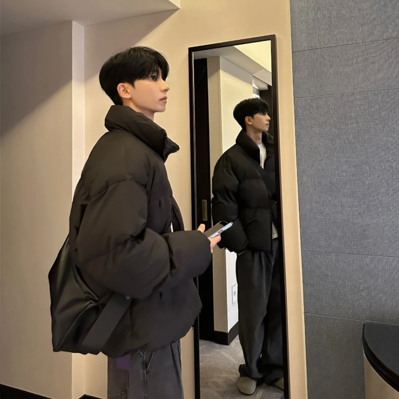 黑色短款加绒棉服男款秋冬季韩系穿搭棉衣外套立领美式情侣面包服