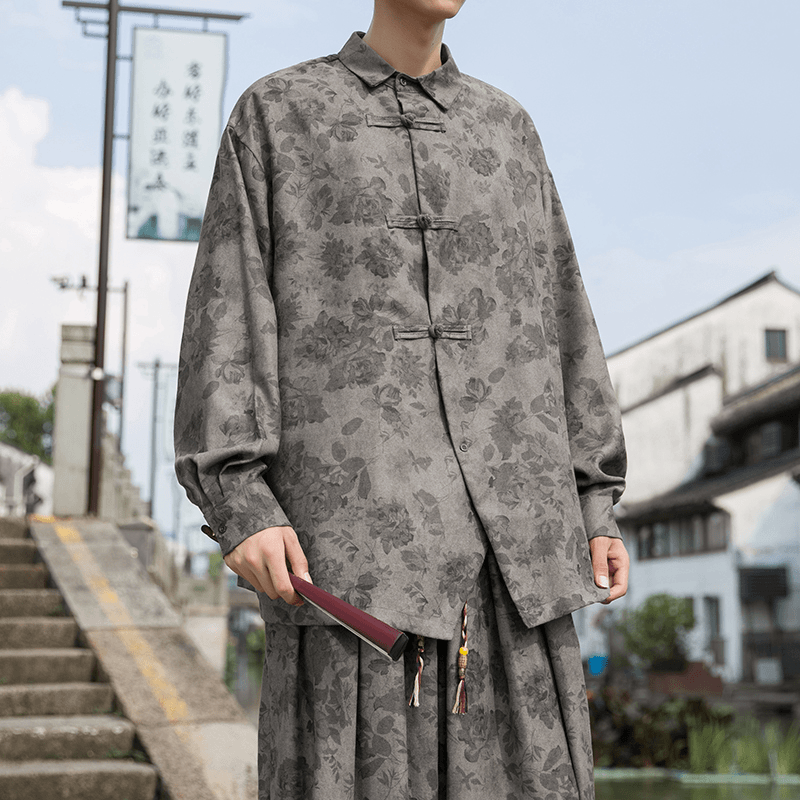 新中式中国风宽松提花居士汉服T恤男春秋复古风大码唐装长袖上衣