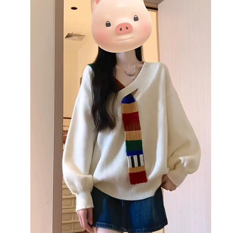 早秋新款简约时尚彩带设计感宽松长袖针织毛衣百搭小众休闲上衣女