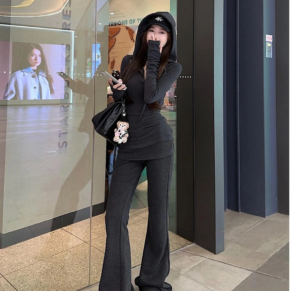 秋季新款时尚套装休闲显瘦长袖连帽卫衣修身运动微喇长裤两件套