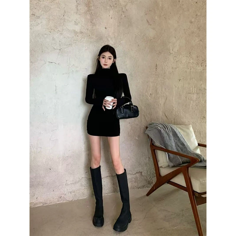 2025秋季新款纯欲风性感辣妹半高领长袖连衣裙高腰修身包臀短裙女