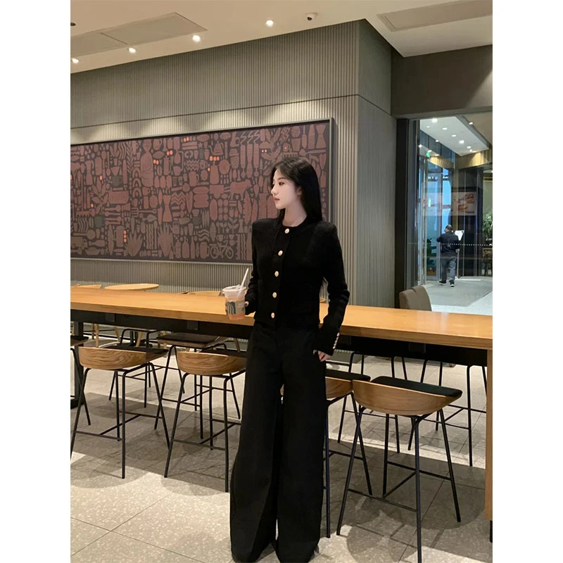 2025秋季新款法式千金风气质短款长袖外套上衣高腰显瘦休闲长裤女