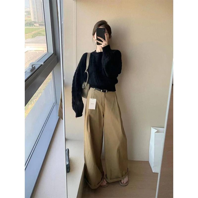 2025秋季新款慵懒风气质纯色圆领长袖针织毛衣宽松高腰直筒阔腿裤