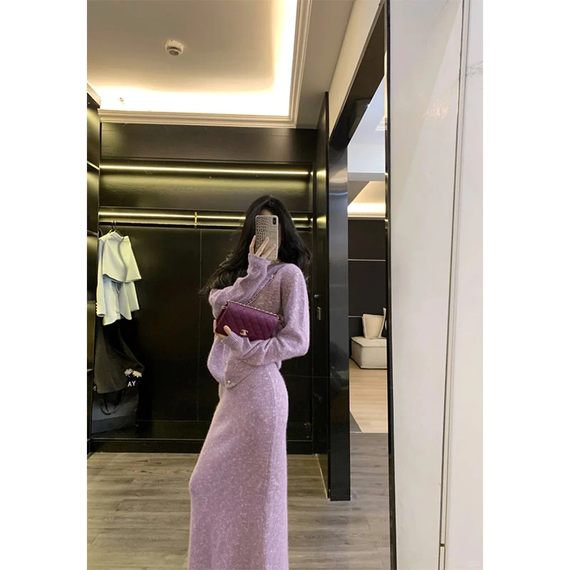 秋冬新款盐系甜美风修身长袖针织开衫高腰直筒百搭半身裙两件套女