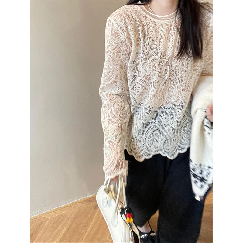 2024秋季新款轻熟风性感辣妹微透宽松蕾丝T恤百搭时尚长袖上衣女