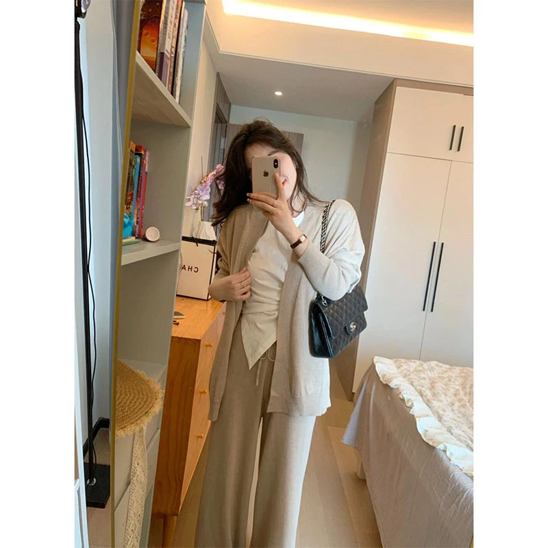 2024早秋新款气质慵懒风内搭上衣针织长袖开衫高腰显瘦垂感长裤女