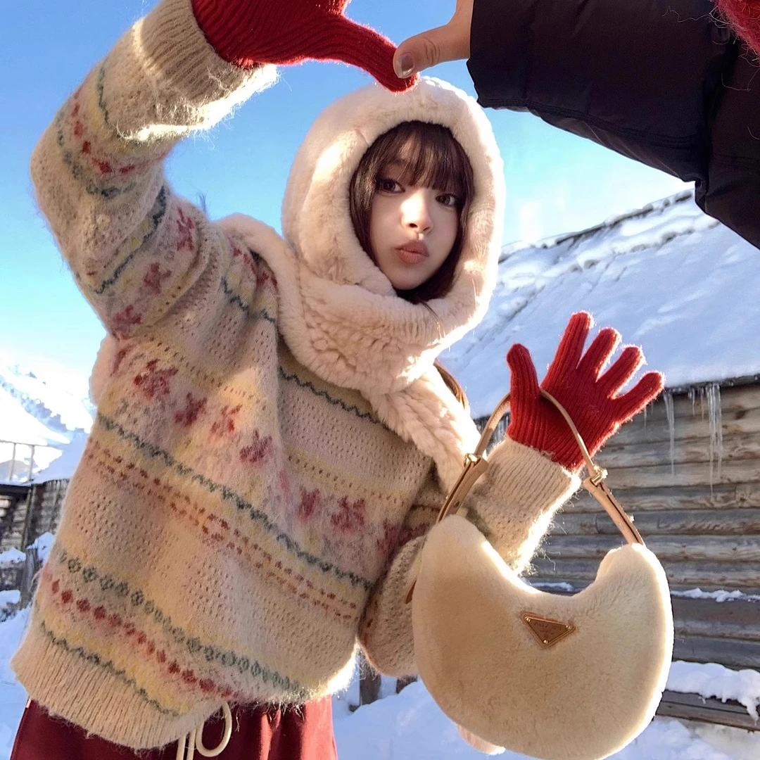 秋冬韩系慵懒高级感圆领拼色花纹套头针织衫毛衣女高腰直筒休闲裤