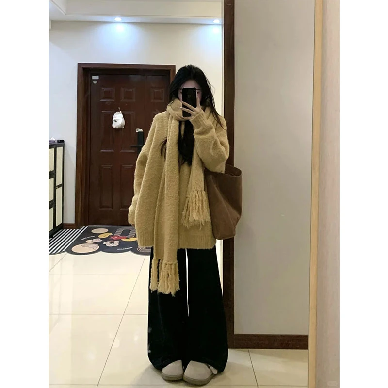 2024秋冬新款韩系高级感宽松显瘦长袖针织毛衣高腰直筒拖地阔腿裤