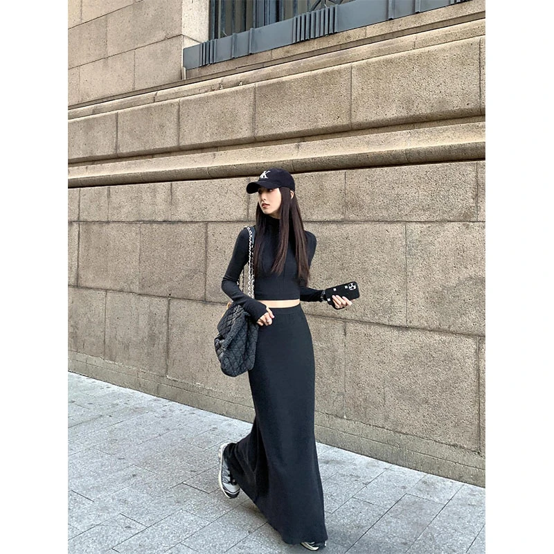 2025秋季新款韩系时尚简约穿搭一整套短款长袖上衣高腰休闲半身裙